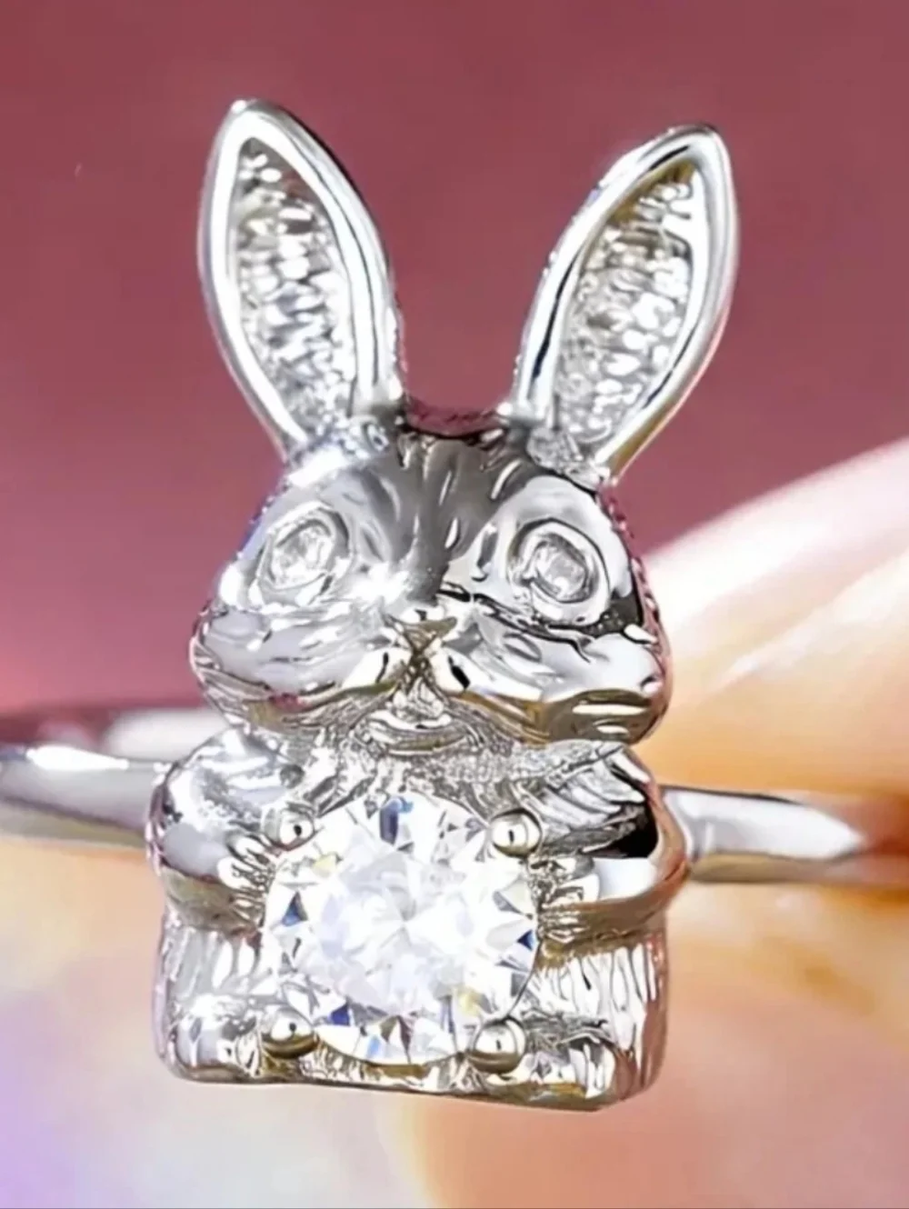 Women's Silver Plated Retro Rabbit Shaped Vintage Lab-Created Diamond Ring Sz 6